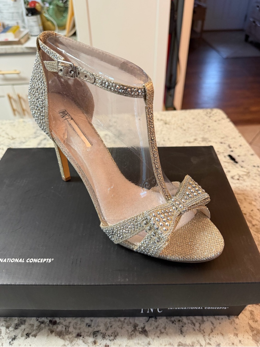 INC International Concepts Champagne T-Strap Bow Rhinestone Heel